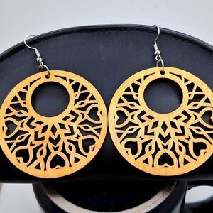 Round wood carved earrings boho jewelry heart design